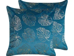 Conjunto De 2 Almofadas Decorativas Veludo Azul E Dourado 45 X 45 Cm Monstera