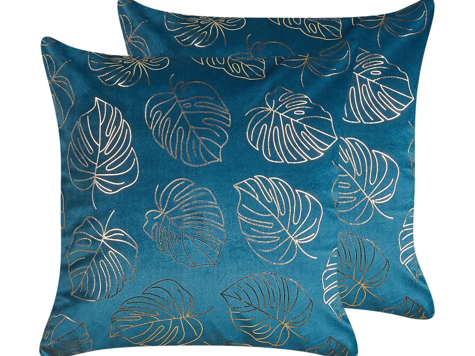 Conjunto De 2 Almofadas Decorativas Veludo Azul E Dourado 45 X 45 Cm Monstera