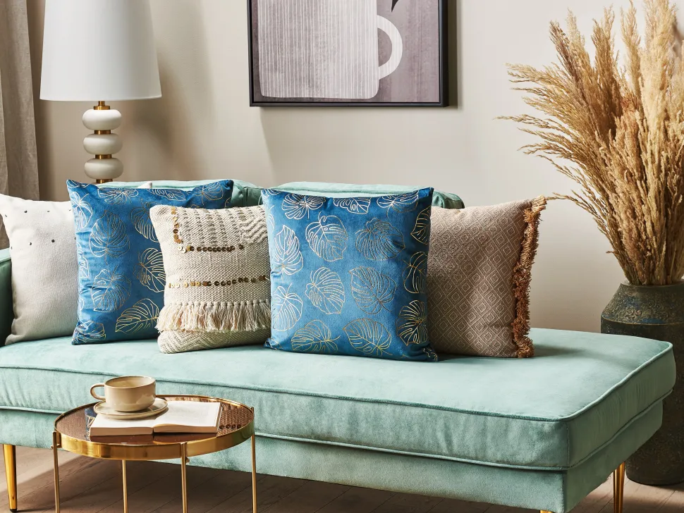 Conjunto De 2 Almofadas Decorativas Veludo Azul E Dourado 45 X 45 Cm Monstera