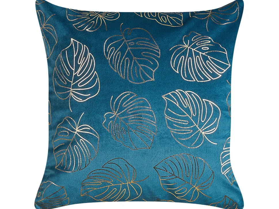 Conjunto De 2 Almofadas Decorativas Veludo Azul E Dourado 45 X 45 Cm Monstera