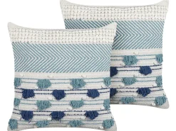 Conjunto De 2 Almofadas Decorativas Em Algodao Branco E Azul Com Borlas 45 X 45 Cm Datura