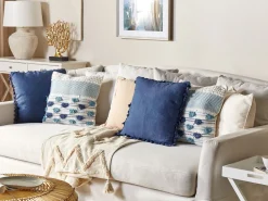 Conjunto De 2 Almofadas Decorativas Em Algodao Branco E Azul Com Borlas 45 X 45 Cm Datura