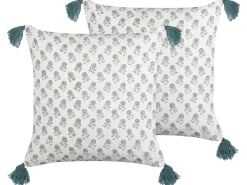Conjunto De 2 Almofadas Decorativas Com Padrao Floral E Borlas Em Algodao Branco A Azul 45 X 45 Cm Cornus