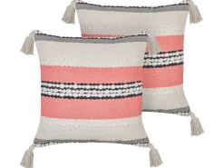 Conjunto De 2 Almofadas Decorativas Em Algodao Creme E Vermelho 45 X 45 Cm Euphorbia