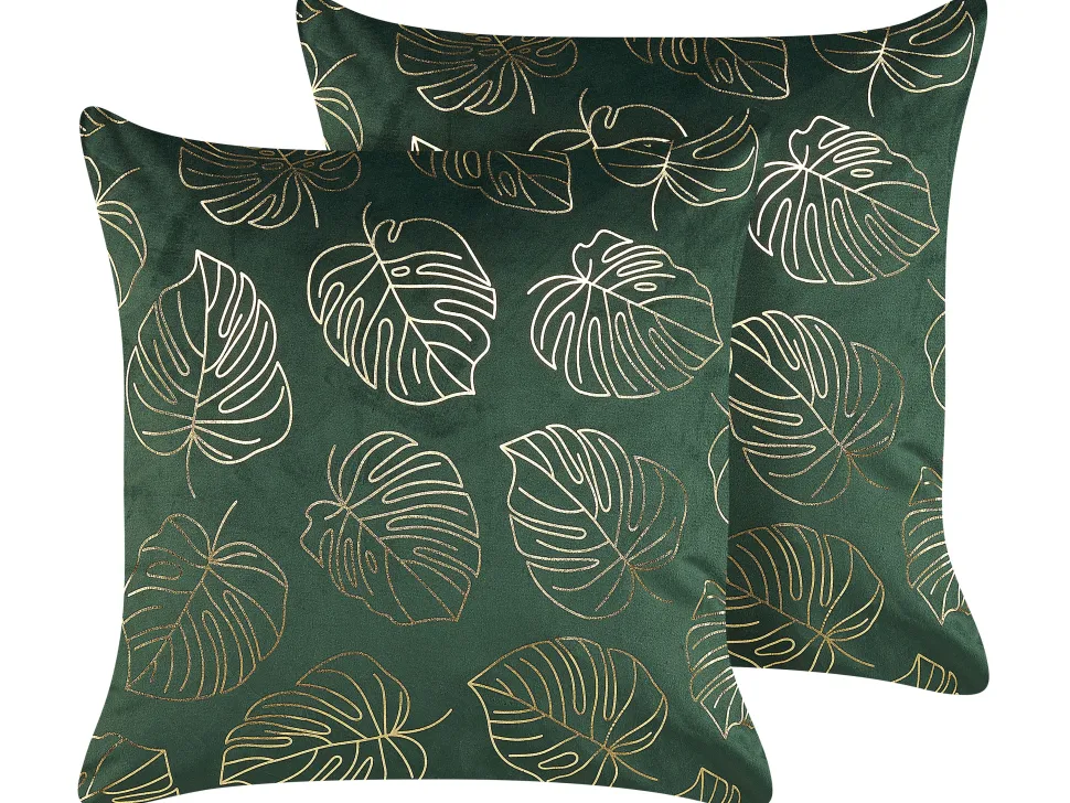 Conjunto De 2 Almofadas Decorativas Veludo Verde E Dourado 45 X 45 Cm Monstera