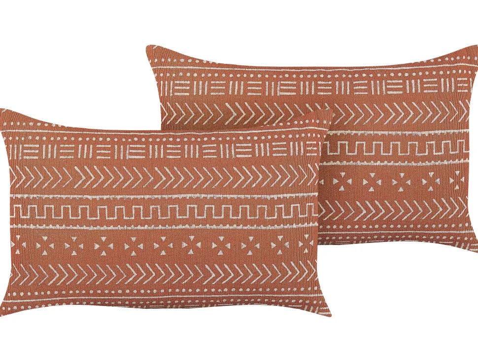 Conjunto De 2 Almofadas Decorativas Padrao Geometrico Em Algodao Laranja 35 X 55 Cm Orlaya