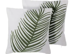 Conjunto De 2 Almofadas Decorativas Branca Com Folha De Palmeira Verde 45 X 45 Cm Azami