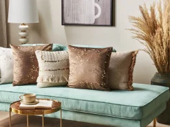 Conjunto De 2 Almofadas Decorativas Em Veludo Castanho E Dourado 45 X 45 Cm Poppy