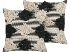 Conjunto De 2 Almofadas Decorativas Tufadas Em Algodao Creme E Preto 50 X 50 Cm Bhusawal