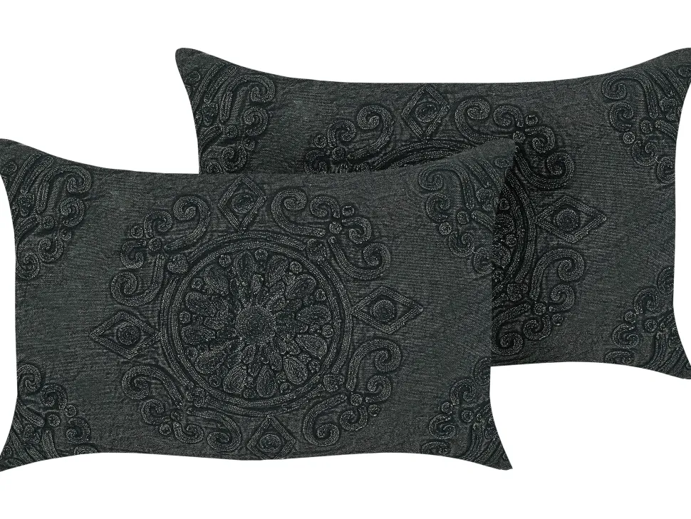 Conjunto De 2 Almofadas Decorativas Algodao Cinzento Escuro Com Relevo 30 X 50 Cm Veloor