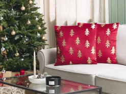 Conjunto De 2 Almofadas De Veludo Vermelho Padrao Natalicio 45 X 45 Cm Cupid