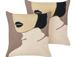 Conjunto De 2 Almofadas Decorativas Em Algodao Castanho E Creme 45 X 45 Cm Silphium
