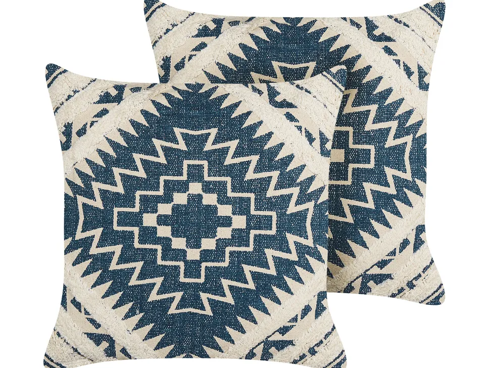Conjunto De 2 Almofadas De Algodao Com Padrao Geometrico 50 X 50 Cm Azul E Creme Safi