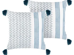 Conjunto De 2 Almofadas Decorativas Em Algodao Branco E Azul Escuro 45 X 45 Cm Tilia