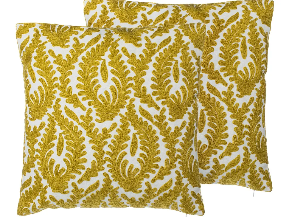 Conjunto De 2 Almofadas Decorativas Bordadas Algodao Amarelo 45 X 45 Primula