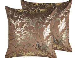 Conjunto De 2 Almofadas Decorativas Em Veludo Castanho E Dourado 45 X 45 Cm Daffodil