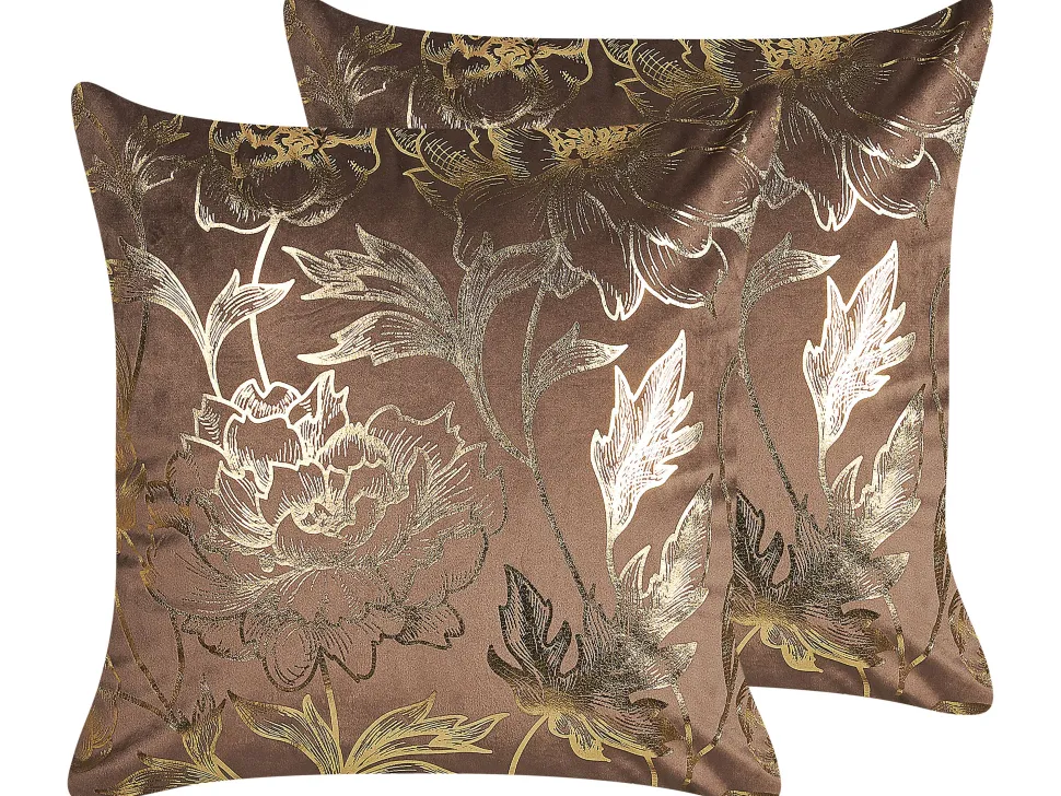 Conjunto De 2 Almofadas Decorativas Em Veludo Castanho E Dourado 45 X 45 Cm Daffodil