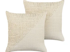 Conjunto De 2 Almofadas Decorativas Em Algodao Creme 45 X 45 Cm Pellaea