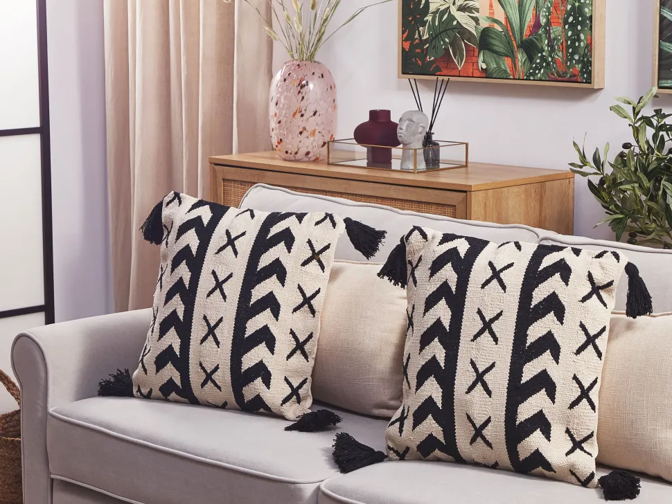 Conjunto De 2 Almofadas Em Algodao Creme E Preto 45 X 45 Cm Deadnettle