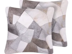 Conjunto De 2 Almofadas Em Pele Cinzenta E Creme 45 X 45 Cm Neelor