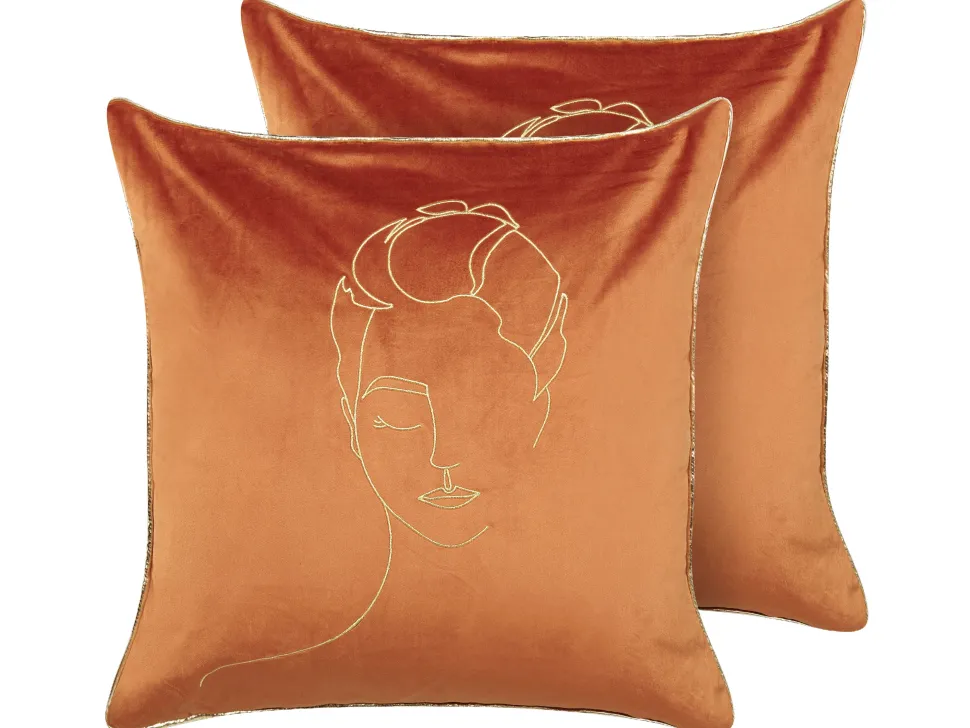 Conjunto De 2 Almofadas Em Veludo Laranja E Dourado 45 X 45 Cm Crocus