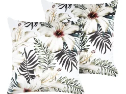 Conjunto De 2 Almofadas Em Veludo Branco E Verde Com Padrao De Folha 45 X 45 Cm Okra