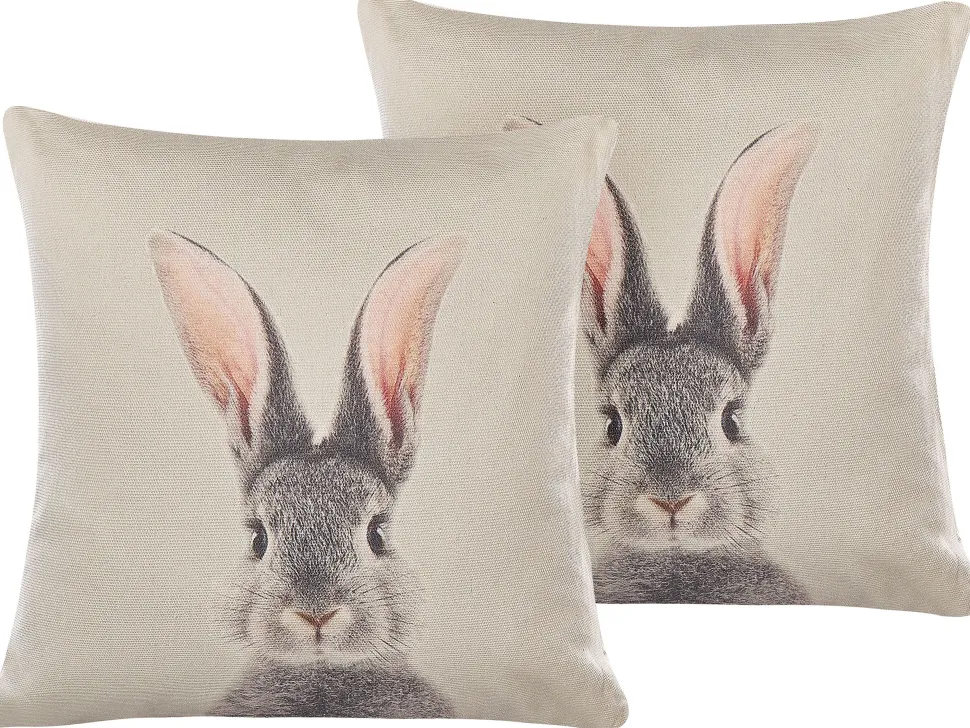 Conjunto De 2 Almofadas Em Algodao Cinzento Com Motivo De Coelho 45 X 45 Cm Quercus