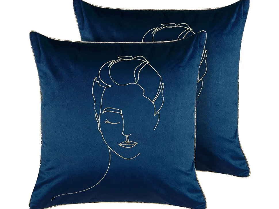 Conjunto De 2 Almofadas Em Veludo Azul Escuro E Dourado 45 X 45 Cm Crocus