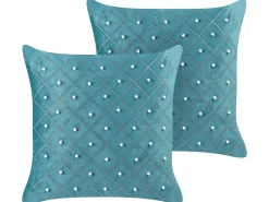 Conjunto De 2 Almofadas Em Veludo Azul Esverdeado 45 X 45 Cm Yarrow