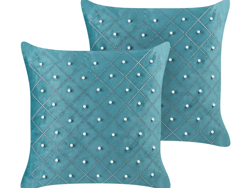 Conjunto De 2 Almofadas Em Veludo Azul Esverdeado 45 X 45 Cm Yarrow