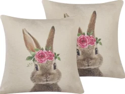 Conjunto De 2 Almofadas Motivo De Coelho Cinzenta E Rosa 45 X 45 Cm Tulipa