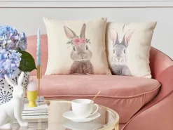 Conjunto De 2 Almofadas Motivo De Coelho Cinzenta E Rosa 45 X 45 Cm Tulipa