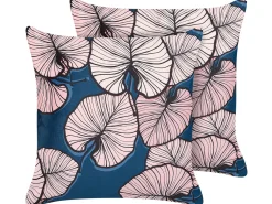 Conjunto De 2 Almofadas Padrao De Folhas Azul E Rosa 45 X 45 Cm Chrysanthemum