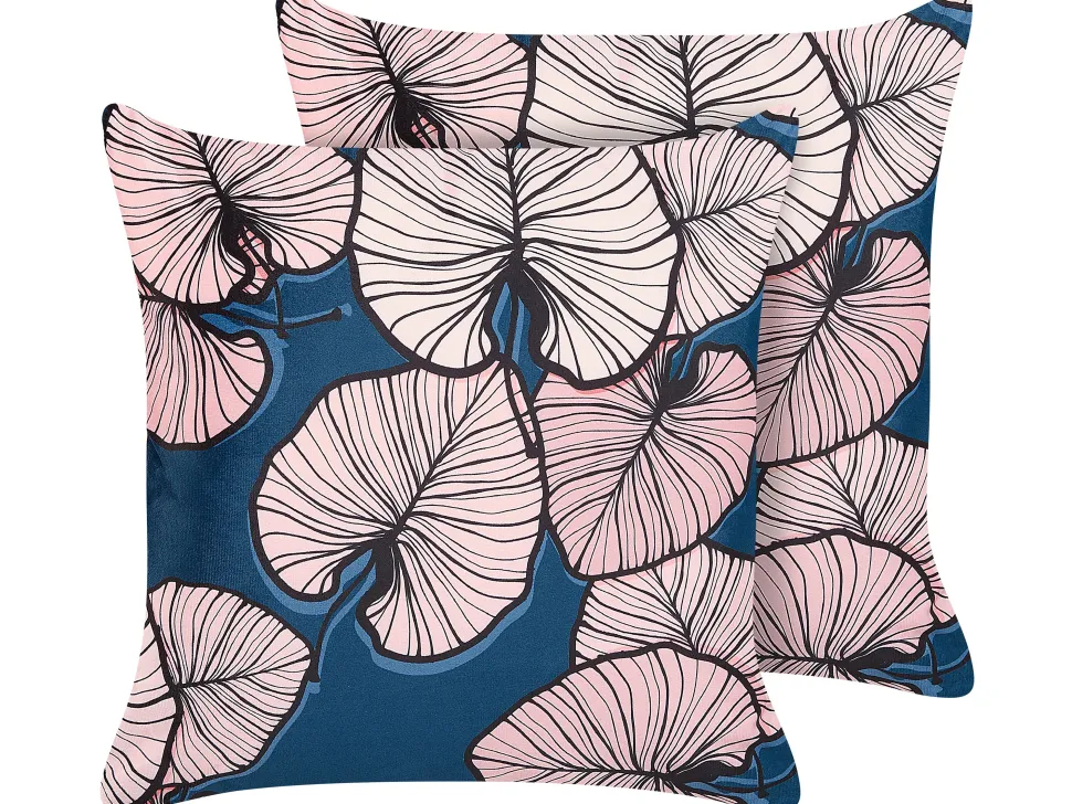 Conjunto De 2 Almofadas Padrao De Folhas Azul E Rosa 45 X 45 Cm Chrysanthemum