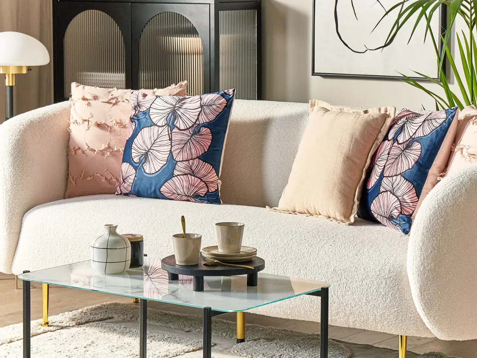 Conjunto De 2 Almofadas Padrao De Folhas Azul E Rosa 45 X 45 Cm Chrysanthemum