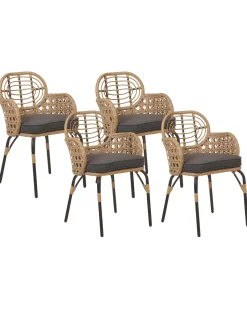 Conjunto De 4 Cadeiras De Jardim Em Rattan Cor Natural Com Almofadas Pratello