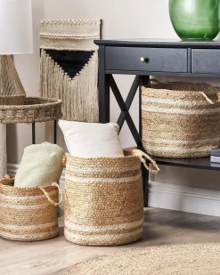 Conjunto De 3 Cestos Em Juta Natural E Creme Zhob