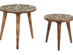 Conjunto De 2 Mesas De Apoio Em Madeira Escura De Mango E Dourado Chanpi