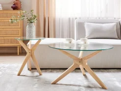 Conjunto De 2 Mesas Em Madeira Clara E Tampo De Vidro Temperado Valley