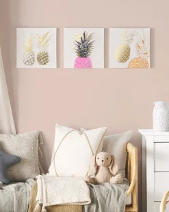 Conjunto De 3 Quadros Em Tela 30 X 30 Cm Rosa E Dourado Apesika