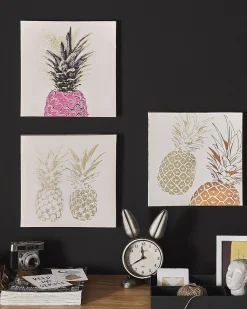 Conjunto De 3 Quadros Em Tela 30 X 30 Cm Rosa E Dourado Apesika