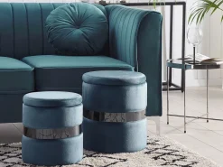 Conjunto De 2 Tamboretes Em Veludo Azul Doris