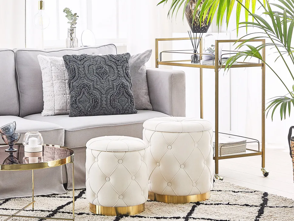 Conjunto De 2 Tamboretes Em Veludo Brancos Pueblo