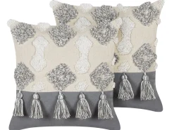 Conjunto De Almofadas Decorativas Tufadas Em Algodao Creme E Cinzento 45 X 45 Cm Alocasia