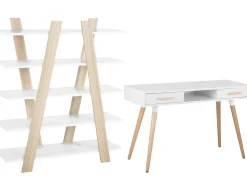 Conjunto De Escritorio Em Branco E Madeira Clara Escalante/Frisco