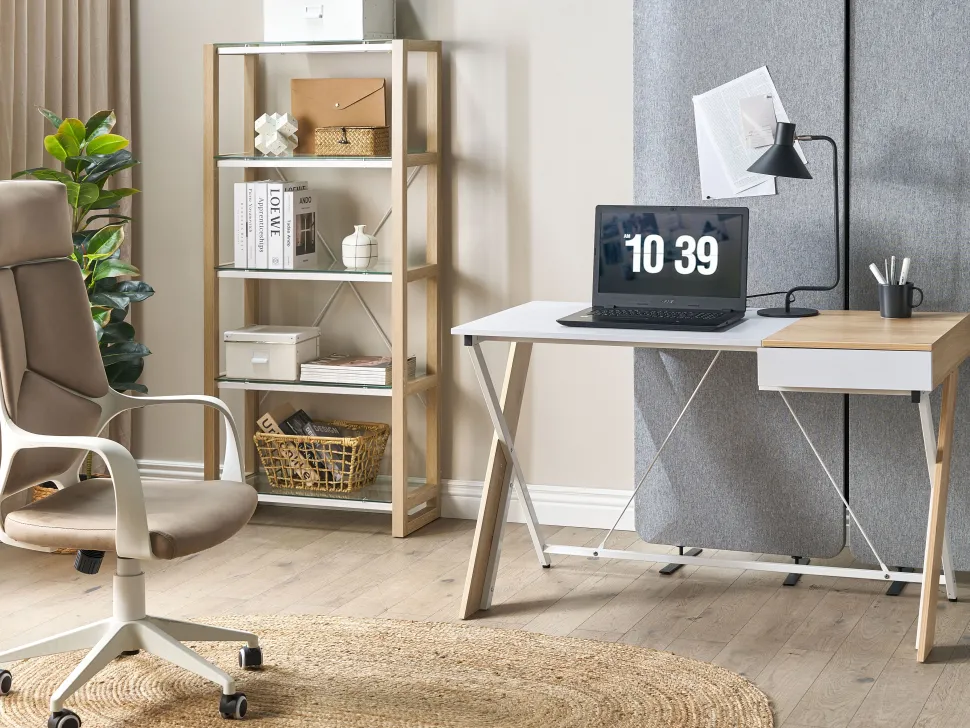 Conjunto De Escritorio Em Branco E Madeira Clara Jenks/Hamden