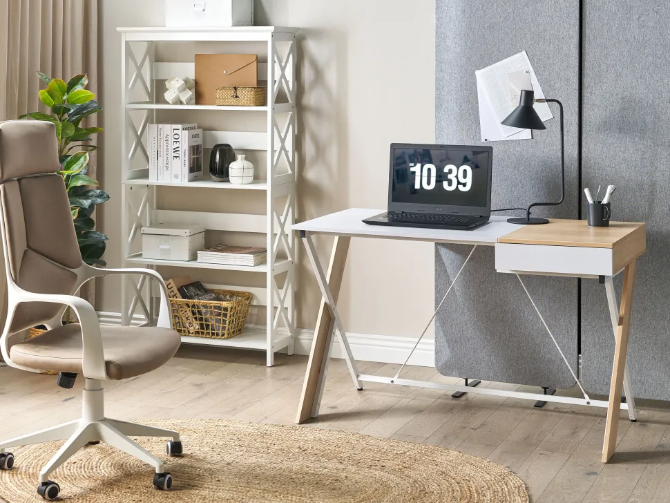 Conjunto De Escritorio Em Branco E Madeira Clara Foster/Hamden