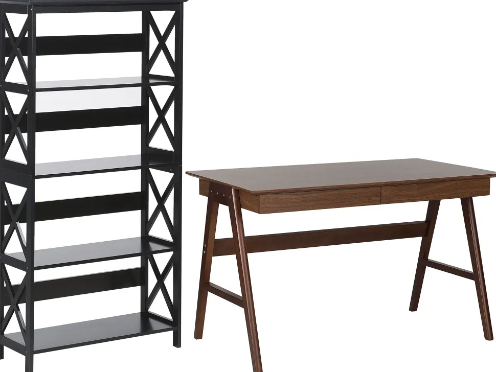 Conjunto De Escritorio Em Madeira Escura E Preto Foster/Sheslay