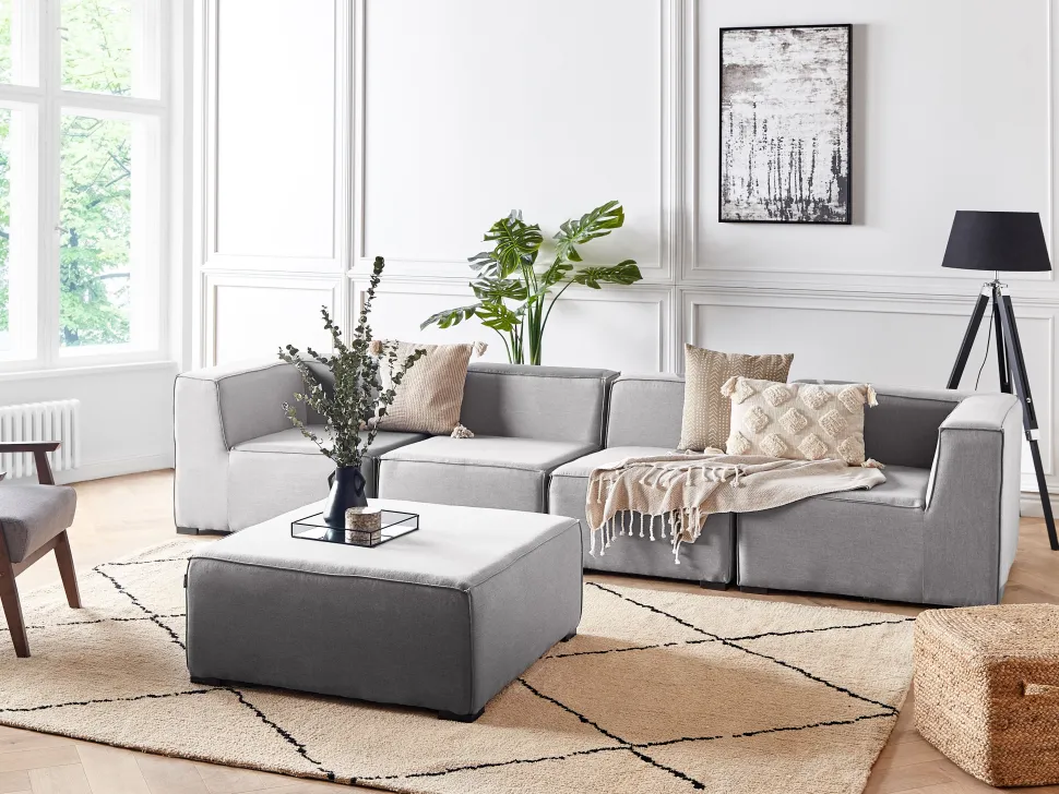Conjunto De Jardim Modular 4 Lugares E Repousa-Pes Em Tecido Cinzento Claro Arezzo
