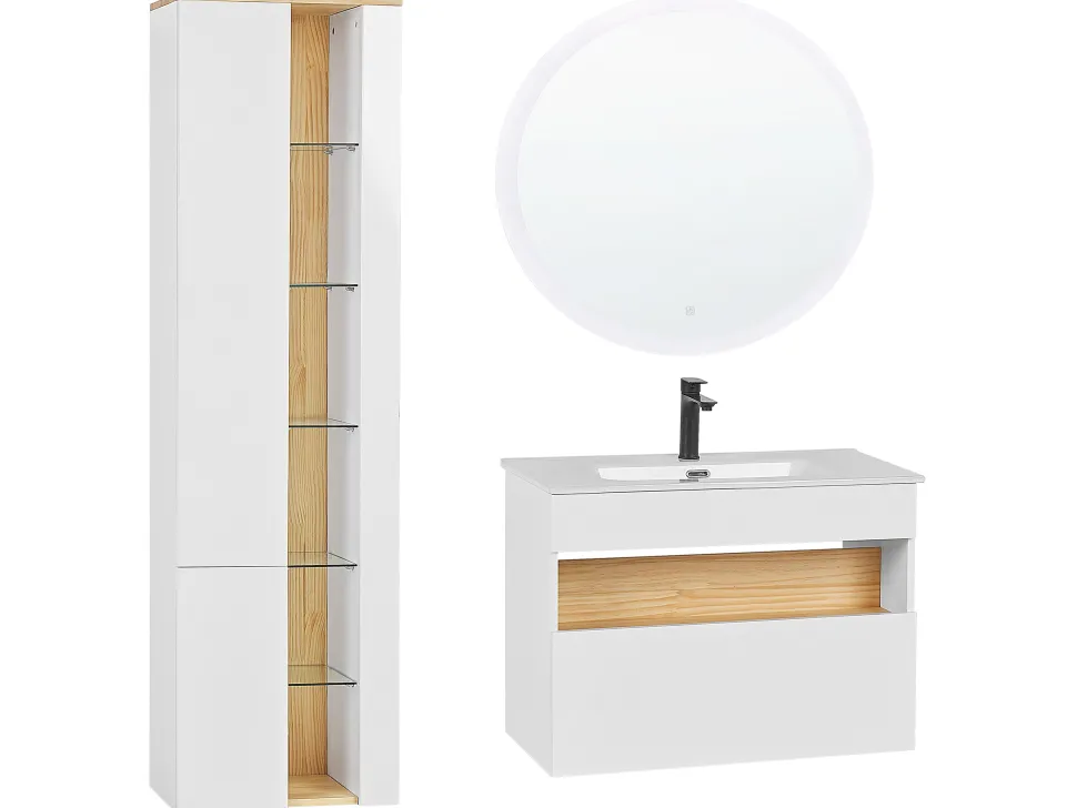 Conjunto De Móveis Com Lavatorio E Espelho Led Em Castanho E Branco Figueres